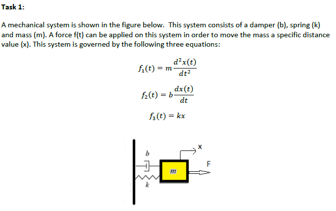 Task 1:
A mechanical system is shown in the figure below. This system consists of a damper (b), spring (k)
and mass (m). A force f(t) can be applied on this system in order to move the mass a specific distance
value (x). This system is governed by the following three equations:
d²x(t)
f₁(t) = m
dt²
f₂(t) = b
dx(t)
dt
f3 (t) = kx
b
m
F