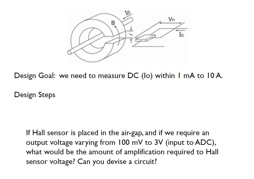 VH
B
Ic
Design Goal: we need to measure DC (lo) within I mA to 10 A.
Design Steps
If Hall sensor is placed in the air-gap, and if we require an
output voltage varying from 100 mV to 3V (input to ADC),
what would be the amount of amplification required to Hall
sensor voltage? Can you devise a circuit?
