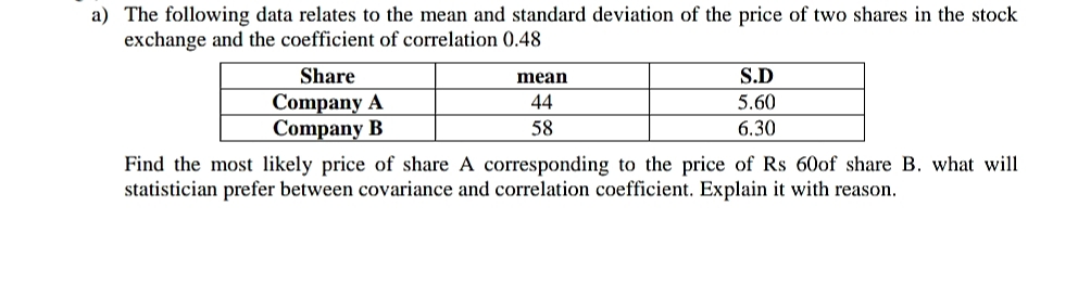 a) The following data relates to the mean and standard deviation of the price of two shares in the stock
exchange and the coefficient of correlation 0.48
Share
mean
S.D
Company A
Company B
44
5.60
58
6.30
Find the most likely price of share A corresponding to the price of Rs 60of share B. what will
statistician prefer between covariance and correlation coefficient. Explain it with reason.
