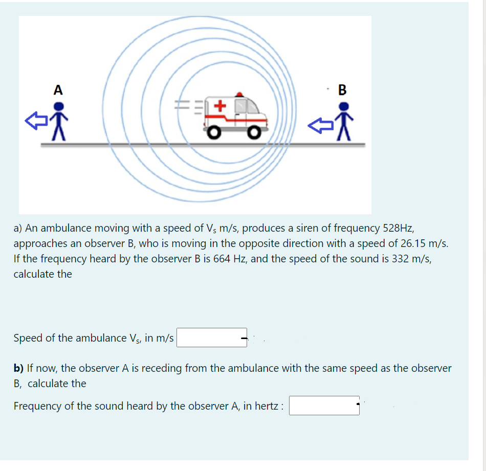 A
В
a) An ambulance moving with a speed of Vs m/s, produces a siren of frequency 528HZ,
approaches an observer B, who is moving in the opposite direction with a speed of 26.15 m/s.
If the frequency heard by the observer B is 664 Hz, and the speed of the sound is 332 m/s,
calculate the
Speed of the ambulance Vs, in m/s
b) If now, the observer A is receding from the ambulance with the same speed as the observer
B, calculate the
Frequency of the sound heard by the observer A, in hertz :
