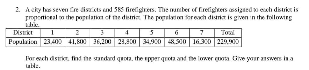 2. A city has seven fire districts and 585 firefighters. The number of firefighters assigned to each district is
proportional to the population of the district. The population for each district is given in the following
table.
District
1
2
3
4
5
6
7
Population 23,400 41,800 36,200 28,800 34,900 48,500 16,300
Total
229,900
For each district, find the standard quota, the upper quota and the lower quota. Give your answers in a
table.