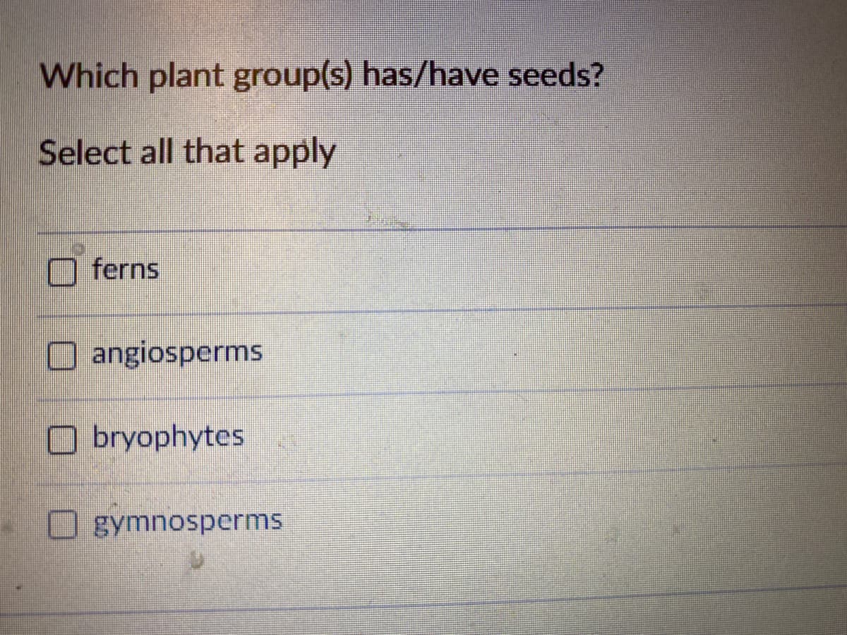 Which plant group(s) has/have seeds?
Select all that apply
ferns
angiosperms
O bryophytes
O gymnosperms
