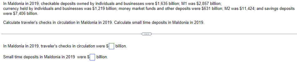 In Maldonia in 2019, checkable deposits owned by individuals and businesses were $1,635 billion; M1 was $2,857 billion;
currency held by individuals and businesses was $1,219 billion; money market funds and other deposits were $631 billion; M2 was $11,424; and savings deposits
were $7,406 billion.
Calculate traveler's checks in circulation in Maldonia in 2019. Calculate small time deposits in Maldonia in 2019.
In Maldonia in 2019, traveler's checks in circulation were $
Small time deposits in Maldonia in 2019 were $ billion.
billion.