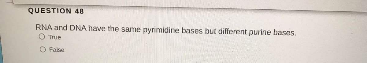 QUESTION 48
RNA and DNA have the same pyrimidine bases but different purine bases.
O True
O False
