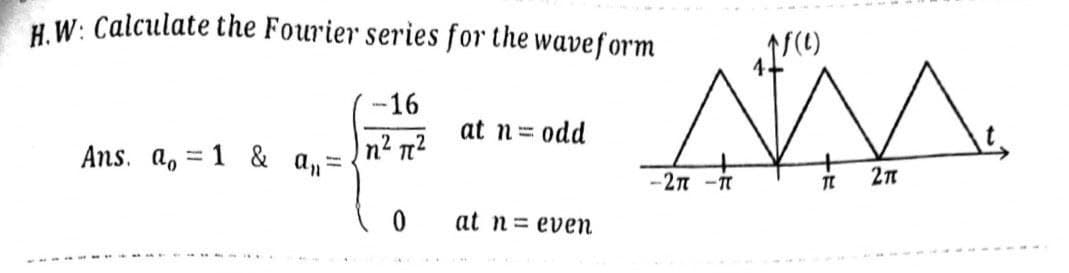 H.W: Calculate the Fourier series for the waveform
-16
at n = odd
n² π²
Ans. a, = 1 & a ₁₁ =
0
at n= even
-27 -
121(1)
M
TL
2π