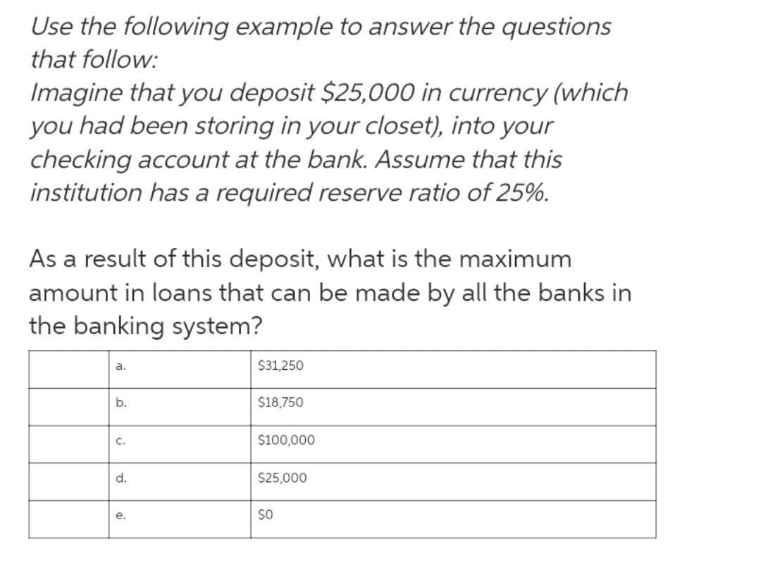 Use the following example to answer the questions
that follow:
Imagine that you deposit $25,000 in currency (which
had been storing in your closet), into your
checking account at the bank. Assume that this
institution has a required reserve ratio of 25%.
you
As a result of this deposit, what is the maximum
amount in loans that can be made by all the banks in
the banking system?
a.
$31,250
b.
$18,750
C.
$100,000
d.
$25,000
е.
$0
