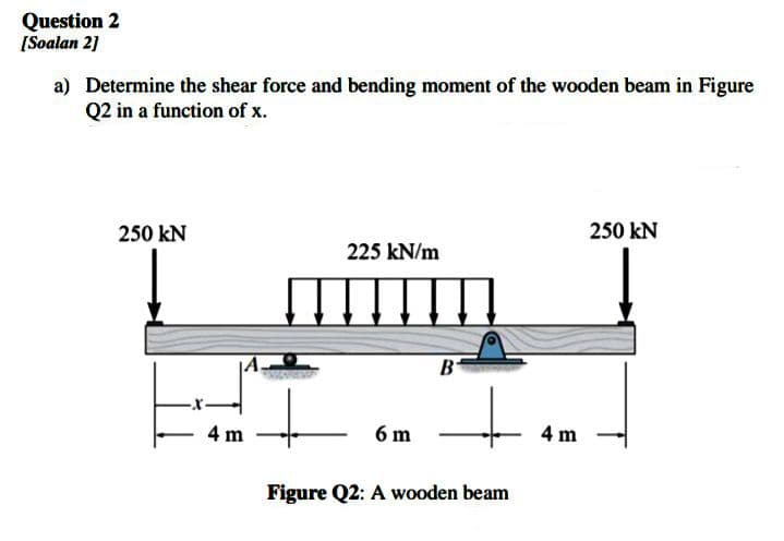 Question 2
[Soalan 2]
a) Determine the shear force and bending moment of the wooden beam in Figure
Q2 in a function of x.
250 kN
250 kN
225 kN/m
4 m
6 m
4 m
Figure Q2: A wooden beam
