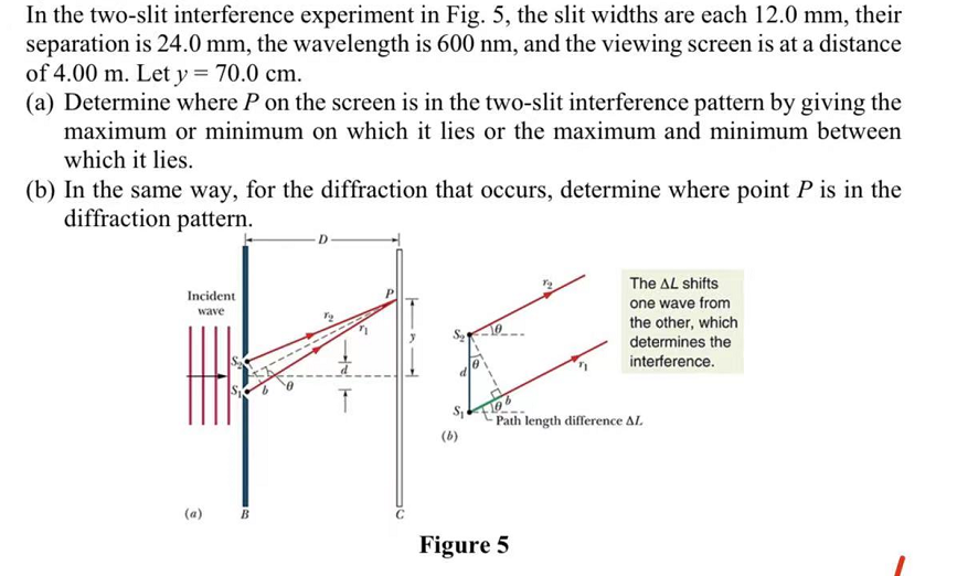 In the two-slit interference experiment in Fig. 5, the slit widths are each 12.0 mm, their
separation is 24.0 mm, the wavelength is 600 nm, and the viewing screen is at a distance
of 4.00 m. Let y = 70.0 cm.
(a) Determine where P on the screen is in the two-slit interference pattern by giving the
maximum or minimum on which it lies or the maximum and minimum between
which it lies.
(b) In the same way, for the diffraction that occurs, determine where point P is in the
diffraction pattern.
The AL shifts
Incident
one wave from
wave
the other, which
determines the
interference.
Path length difference AL
(b)
(a)
B
Figure 5
