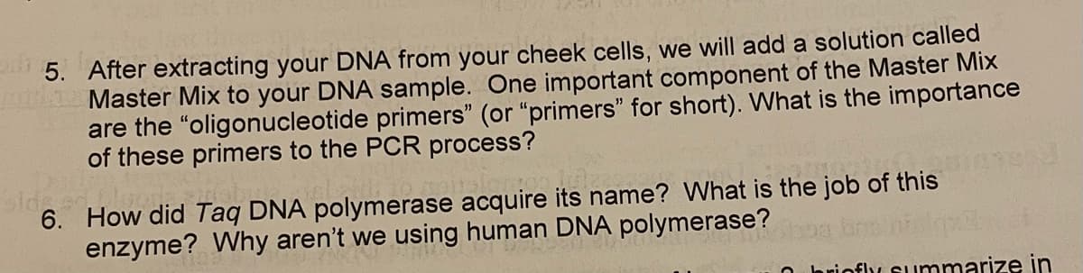 5. After extracting your DNA from your cheek cells, we will add a solution called
Master Mix to your DNA sample. One important component of the Master Mix
are the "oligonucleotide primers" (or "primers" for short). What is the importance
of these primers to the PCR process?
6. How did Taq DNA polymerase acquire its name? What is the job of this
enzyme? Why aren't we using human DNA polymerase?
briofly summarize in
