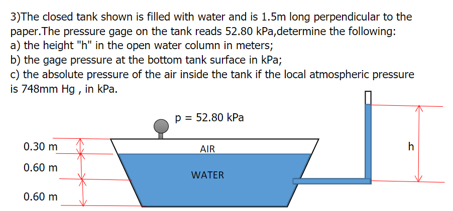 3)The closed tank shown is filled with water and is 1.5m long perpendicular to the
.The pressure gage on the tank reads 52.80 kPa,determine the following:
рaper.
a) the height "h" in the open water column in meters;
b) the gage pressure at the bottom tank surface in kPa;
c) the absolute pressure of the air inside the tank if the local atmospheric pressure
is 748mm Hg , in kPa.
p = 52.80 kPa
0.30 m
AIR
0.60 m
WATER
0.60 m
