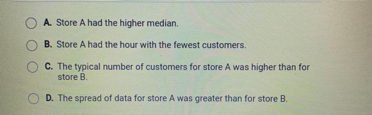 OA. Store A had the higher median.
B. Store A had the hour with the fewest customers.
C. The typical number of customers for store A was higher than for
store B.
D. The spread of data for store A was greater than for store B.
