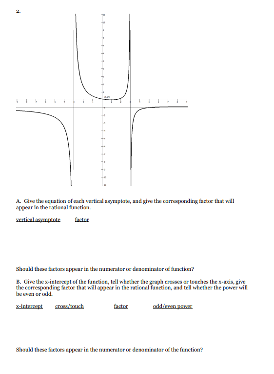 2.
A. Give the equation of each vertical asymptote, and give the corresponding factor that will
appear in the rational function.
vertical asymptote
factor
Should these factors appear in the numerator or denominator of function?
B. Give the x-intercept of the function, tell whether the graph crosses or touches the x-axis, give
the corresponding factor that will appear in the rational function, and tell whether the power will
be even or odd.
x-intercept
cross/touch
factor
odd/even power
Should these factors appear in the numerator or denominator of the function?
