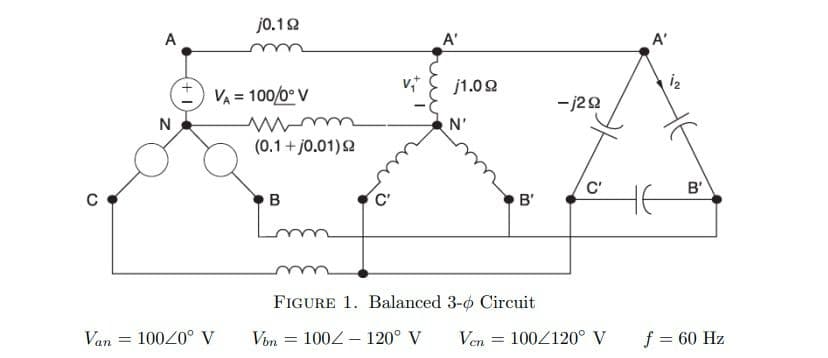 C
N
j0.192
VA = 100/0° V
Van = 100/0° V
m
(0.1+j0.01) 92
B
I'mn
A'
j1.09
N'
B'
FIGURE 1. Balanced 3-0 Circuit
Vbn = 100 - 120° V
Ven
-j29
C'
= 100/120° V
A'
1₂
B'
f = 60 Hz