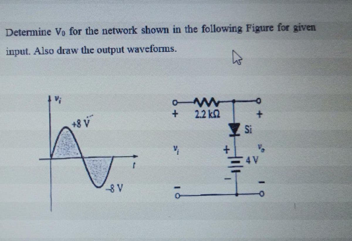 Determine Vo for the network shown in the following Figure for given
input. Also draw the output waveforms.
2.2 kn
Si
4V
8 V
