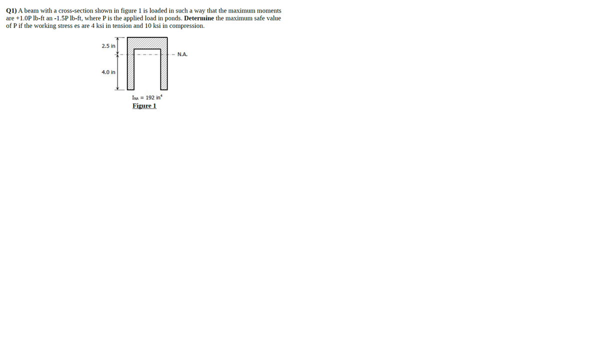 Q1) A beam with a cross-section shown in figure 1 is loaded in such a way that the maximum moments
are +1.0P lb-ft an -1.5P lb-ft, where P is the applied load in ponds. Determine the maximum safe value
of P if the working stress es are 4 ksi in tension and 10 ksi in compression.
2.5 in
N.A.
4.0 in
INA = 192 in
Figure 1
