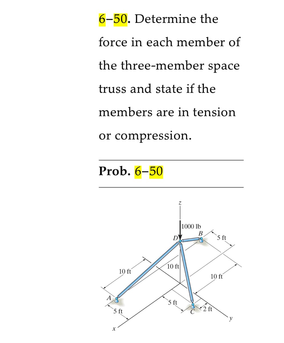 6-50. Determine the
force in each member of
the three-member space
truss and state if the
members are in tension
or compression.
Prob. 6-50
A
10 ft
5 ft
D
10 ft
5 ft
1000 lb
B
5 ft
10 ft
2 ft