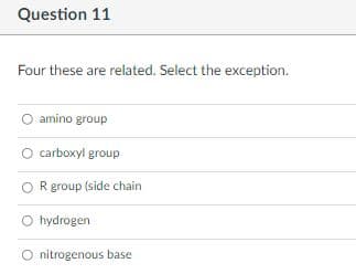 Question 11
Four these are related. Select the exception.
amino group
O carboxyl group
Rgroup (side chain
O hydrogen
O nitrogenous base
