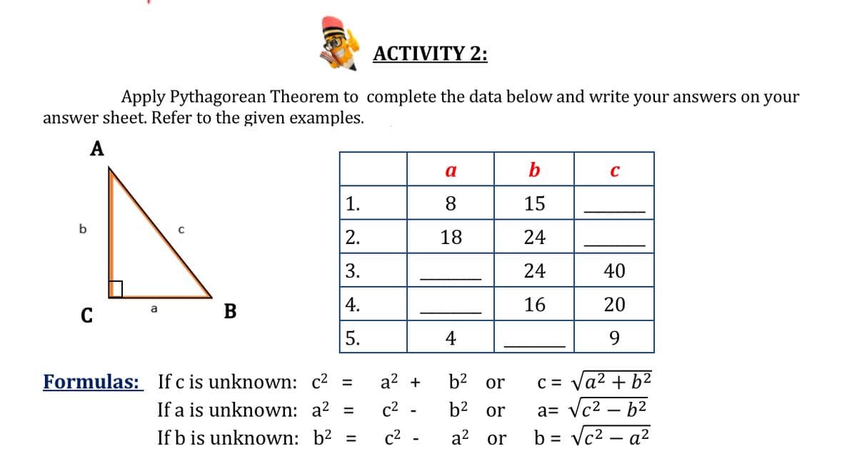 АСTIVITY 2:
Apply Pythagorean Theorem to complete the data below and write your answers on your
answer sheet. Refer to the given examples.
А
a
b
C
1.
8.
15
b
2.
18
24
3.
24
40
4.
16
20
C
5.
4
9
Formulas: If c is unknown: c2
If a is unknown: a?
If b is unknown: b2
a? +
b2 or
c = Va2 + b2
%3D
а3 Vc2 — b2
b = Vc2 – a²
c2
b2 or
%3D
c2
a?
%D
or
%3D
-
IL || ||
