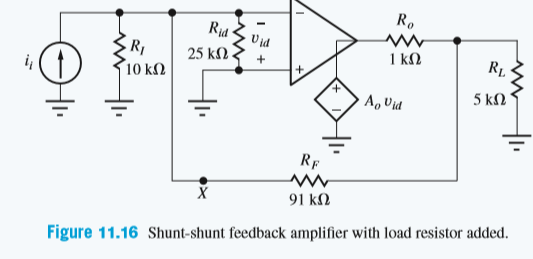 R.
Rja •
V jd
25 kN.
1 kΩ
RL
10 kΩ
5 kM'
A, Vid
RF
х
91 kΩ
Figure 11.16 Shunt-shunt feedback amplifier with load resistor added.
