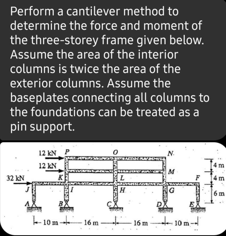 Perform a cantilever method to
determine the force and moment of
the three-storey frame given below.
Assume the area of the interior
columns is twice the area of the
exterior columns. Assume the
baseplates connecting all columns to
the foundations can be treated as a
pin support.
12 kN P
N.
T
12 kN
4 m
M
32 kN
K
F
4 m
H.
G
6 m
D
E
tor 10 m-
t10 m--
10m.
16 m
16 m
