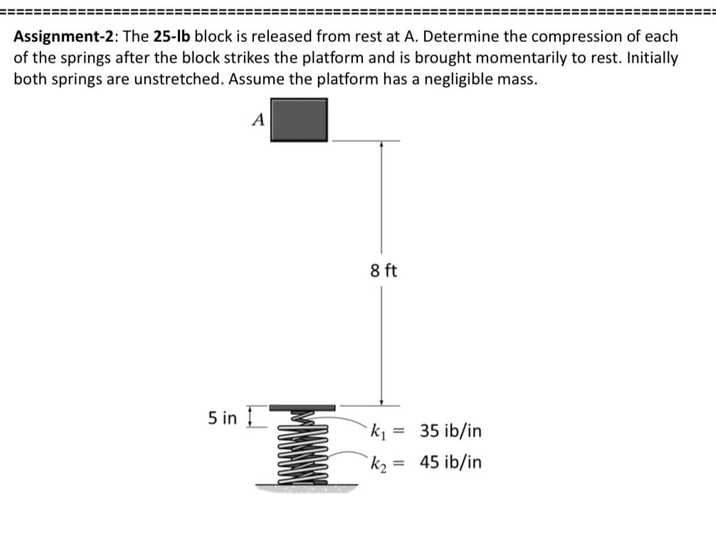 Assignment-2: The 25-lb block is released from rest at A. Determine the compression of each
of the springs after the block strikes the platform and is brought momentarily to rest. Initially
both springs are unstretched. Assume the platform has a negligible mass.
A
8 ft
5 in !
k = 35 ib/in
%3D
45 ib/in
%3D
