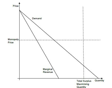 Price
Monopoly
Price
Demand
Marginal
Revenue
Total Surplus
Maximising
Quantity
Quantity