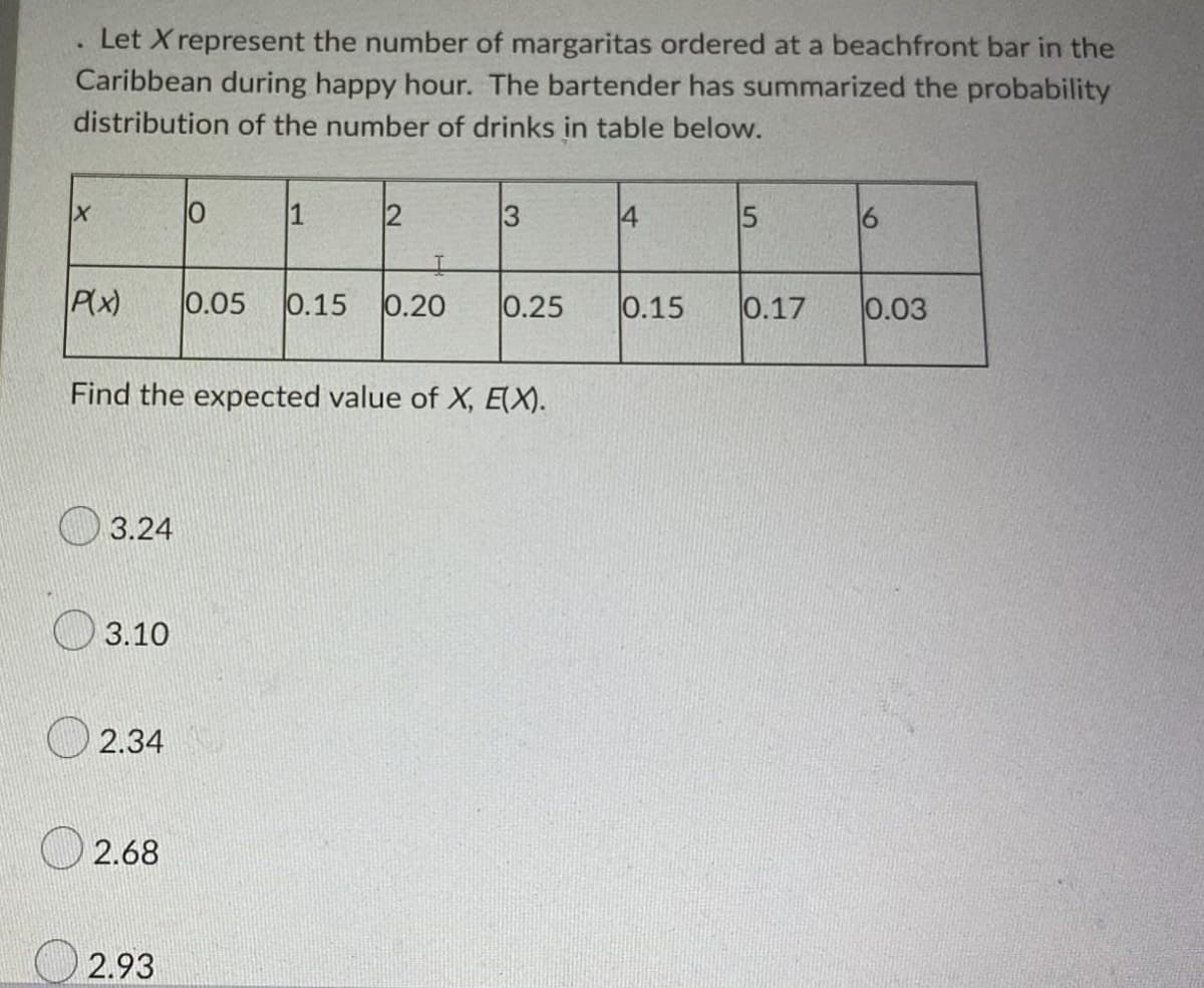 Let X represent the number of margaritas ordered at a beachfront bar in the
Caribbean during happy hour. The bartender has summarized the probability
distribution of the number of drinks in table below.
10
1
14
5
6
PX)
0.05
0.15
0.20
0.25
0.15
0.17
0.03
Find the expected value of X, E(X).
3.24
3.10
2.34
2.68
2.93
