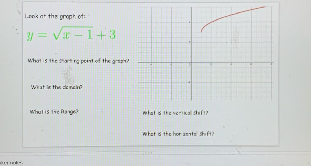 Look at the graph of:
y = Vx - 1+3
%3D
What is the starting point of the graph?
What is the domain?
What is the Range?
What is the vertical shift?
What is the horizontal shift?
aker notes
