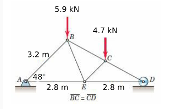 5.9 kN
4.7 kN
3.2 m
48°
2.8 m
E
2.8 m
BC = CD
