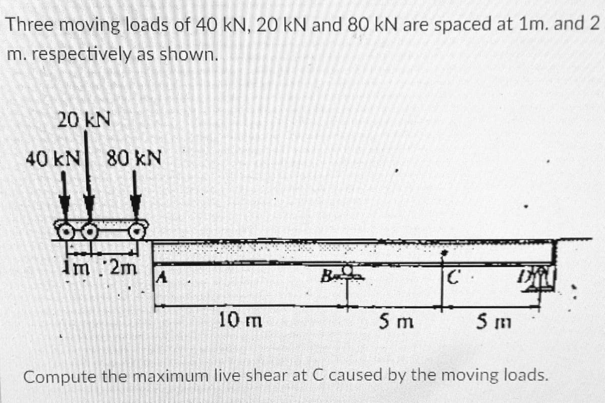 Three moving loads of 40 kN, 20 kN and 80 kN are spaced at 1m. and 2
m. respectively as shown.
20 kN
40 kN 80 kN
im 2m
B
10 m
5 m
5 m
Compute the maximum live shear at C caused by the moving loads.
