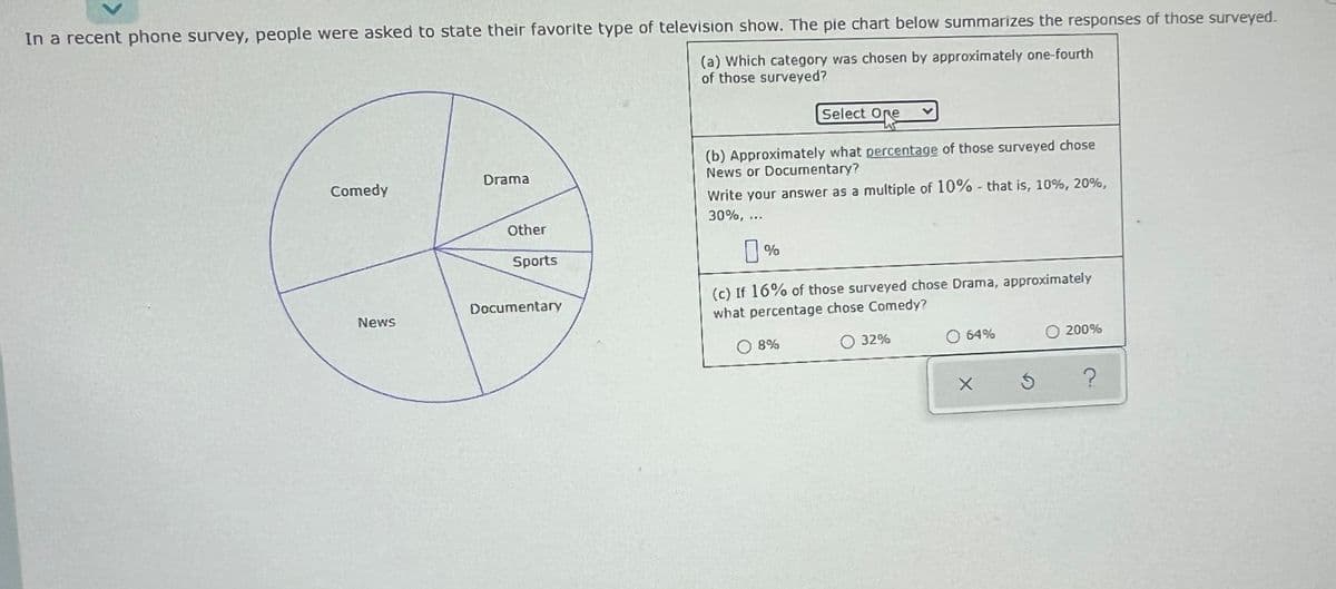 In a recent phone survey, people were asked to state their favorite type of television show. The pie chart below summarizes the responses of those surveyed.
(a) Which category was chosen by approximately one-fourth
of those surveyed?
Select Ore
(b) Approximately what percentage of those surveyed chose
News or Documentary?
Drama
Comedy
Write your answer as a multiple of 10% - that is, 10%, 20%,
30%,
...
Other
Sports
(c) If 16% of those surveyed chose Drama, approximately
Documentanry
News
what percentage chose Comedy?
O 32%
O 64%
O 200%
8%

