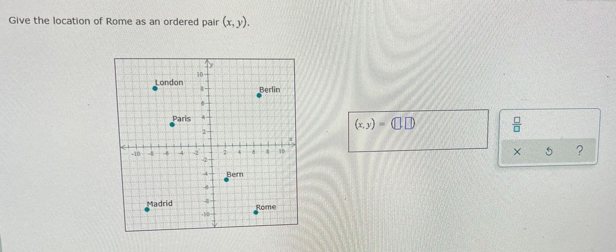 Give the location of Rome as an ordered pair (x, y).
10
London
Berlin
Paris
(r, v)
OD
-10
10
Bern
Madrid
Rome
