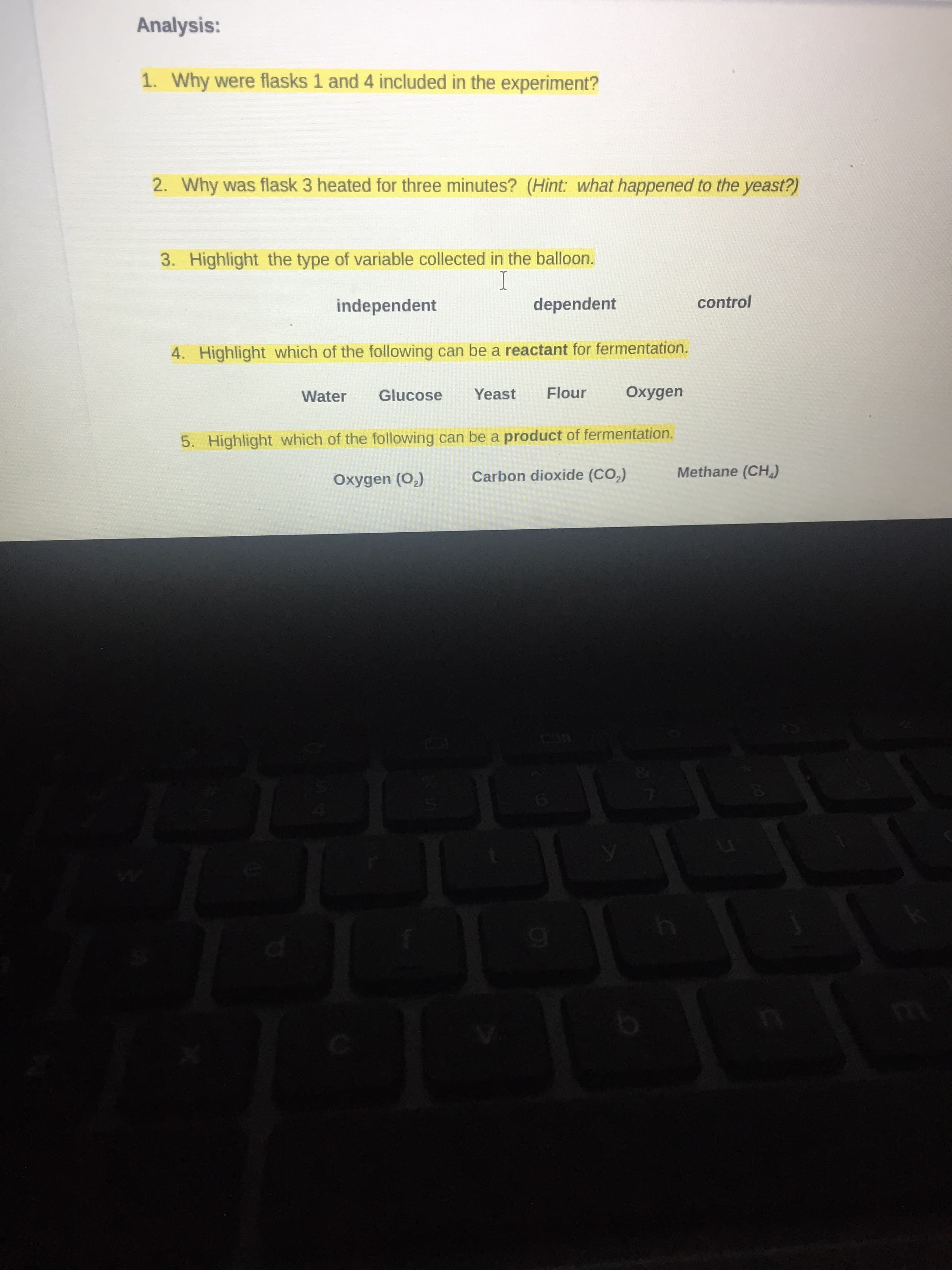 2. Why was flask 3 heated for three minutes? (Hint: what happened to the yeast?)
3. Highlight the type of variable collected in the balloon.
I
dependent
independent
control
4. Highlight which of the following can be a reactant for fermentation.
Water
Glucose
Yeast
Flour
Oxygen
5. Highlight which of the following can be a product of fermentation.
Oxygen (O,)
Carbon dioxide (CO,)
Methane (CH)
