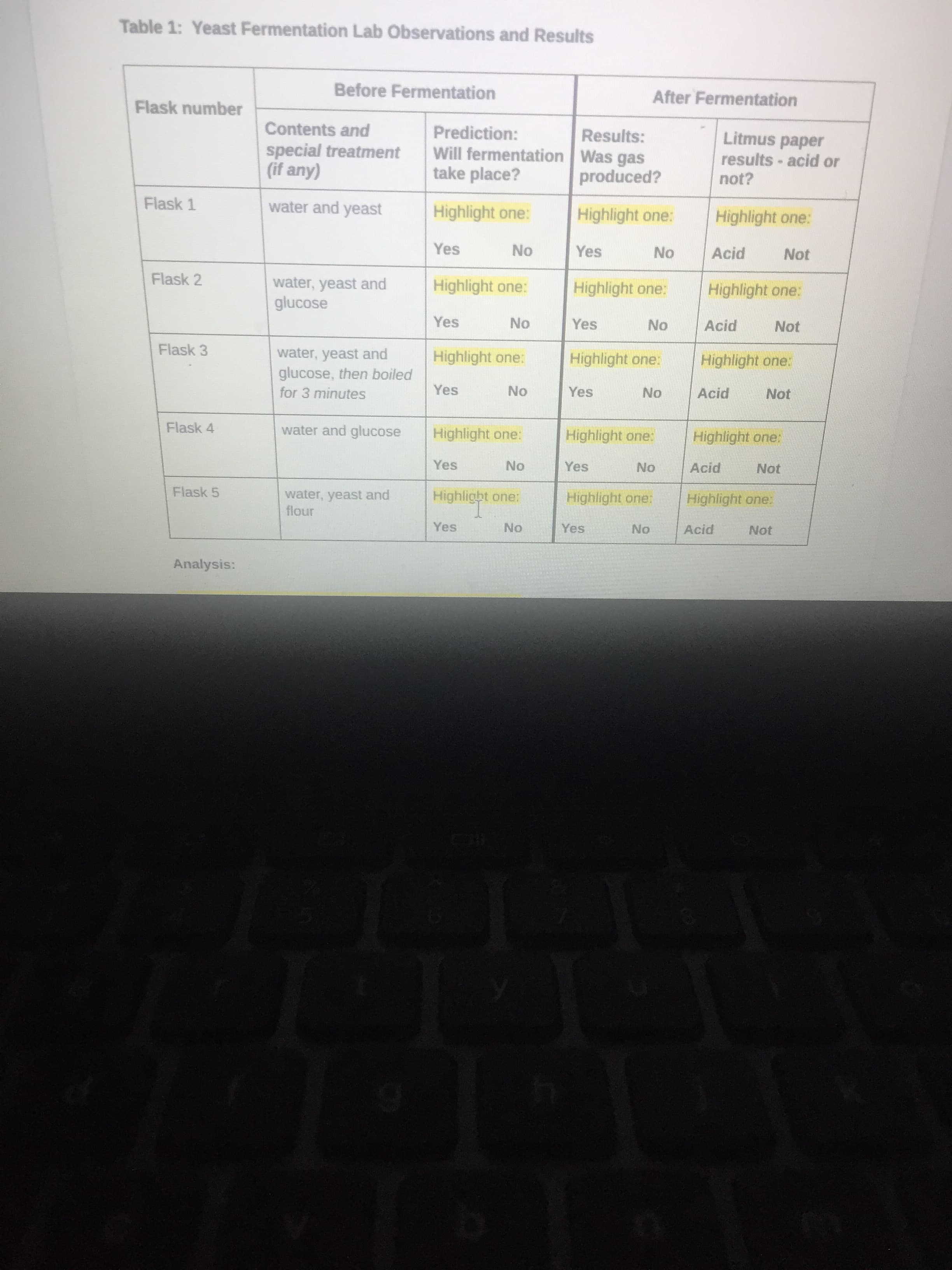 Table 1: Yeast Fermentation Lab Observations and Results
Before Fermentation
After Fermentation
Flask number
Contents and
Prediction:
special treatment
(if any)
Results:
Will fermentation Was gas
produced?
Litmus paper
results - acid or
not?
take place?
Flask 1
water and yeast
Highlight one:
Highlight one:
Highlight one:
Yes
No
Yes
No
Acid
Not
Flask 2
water, yeast and
glucose
Highlight one:
Highlight one:
Highlight one:
Yes
No
Yes
No
Acid
Not
Flask 3
water, yeast and
glucose, then boiled
for 3 minutes
Highlight one:
Highlight one:
Highlight one:
Yes
No
Yes
No
Acid
Not
Flask 4
water and glucose
Highlight one:
Highlight one:
Highlight one:
Yes
No
Yes
No
Acid
Not
Flask 5
water, yeast and
flour
Highlight one:
Highlight one:
Highlight one:
Yes
No
Yes
No
Acid
Not
Analysis:
