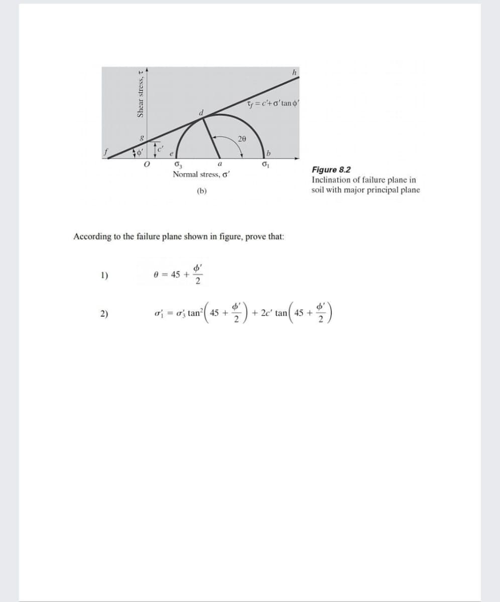 Ty = c'+o'tan o'
20
e
Figure 8.2
Inclination of failure plane in
soil with major principal plane
Normal stress, o'
(b)
According to the failure plane shown in figure, prove that:
1)
0 = 45 +
2
2)
o = o; tan( 45 +
+ 2c' tan 45+
Shear stress, t
