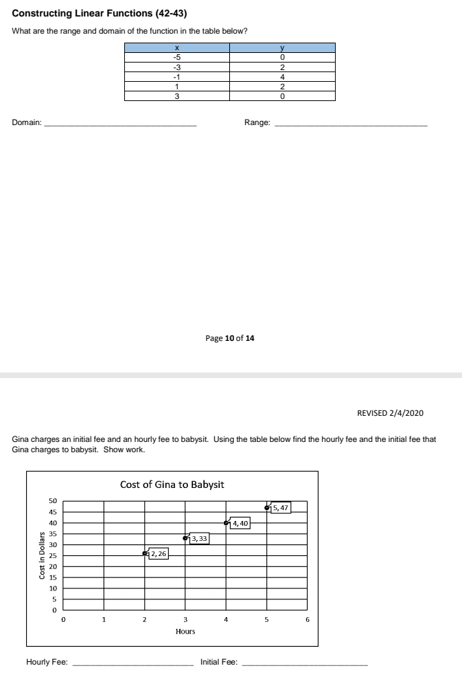 Constructing Linear Functions (42-43)
What are the range and domain of the function in the table below?
-5
-1
4
Domain:
Range:
Page 10 of 14
REVISED 2/4/2020
Gina charges an initial fee and an hourly fee to babysit. Using the table below find the hourly fee and the initial fee that
Gina charges to babysit. Show work.
Cost of Gina to Babysit
50
5,47
45
4, 40
3,33
2, 26
1
2
4
5
Hours
Hourly Fee:
Initial Fee:
Cost in Dollars
