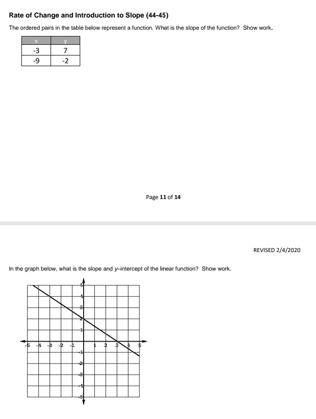 Rate of Change and Introduction to Slope (44-45)
The ordered pairs in the table below represent a function. What is the slope of the function? Show work.
-3
7
-9
-2
Page 11 of 14
REVISED 2/4/2020
In the graph below, what is the slope and y-intercept of the linear function? Show work.
T- * E -
-2
