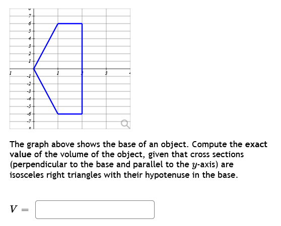 V
7
6
5
4
3
2
1
-1
-2
-3
-4
-5
-6
-7
=
I
The graph above shows the base of an object. Compute the exact
value of the volume of the object, given that cross sections
(perpendicular to the base and parallel to the y-axis) are
isosceles right triangles with their hypotenuse in the base.
3