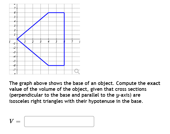 1
7
6
5
4
3
2
1
-1
-2
-4
-5
-6
-7
D
3
V =
5
7 Į
The graph above shows the base of an object. Compute the exact
value of the volume of the object, given that cross sections
(perpendicular to the base and parallel to the y-axis) are
isosceles right triangles with their hypotenuse in the base.