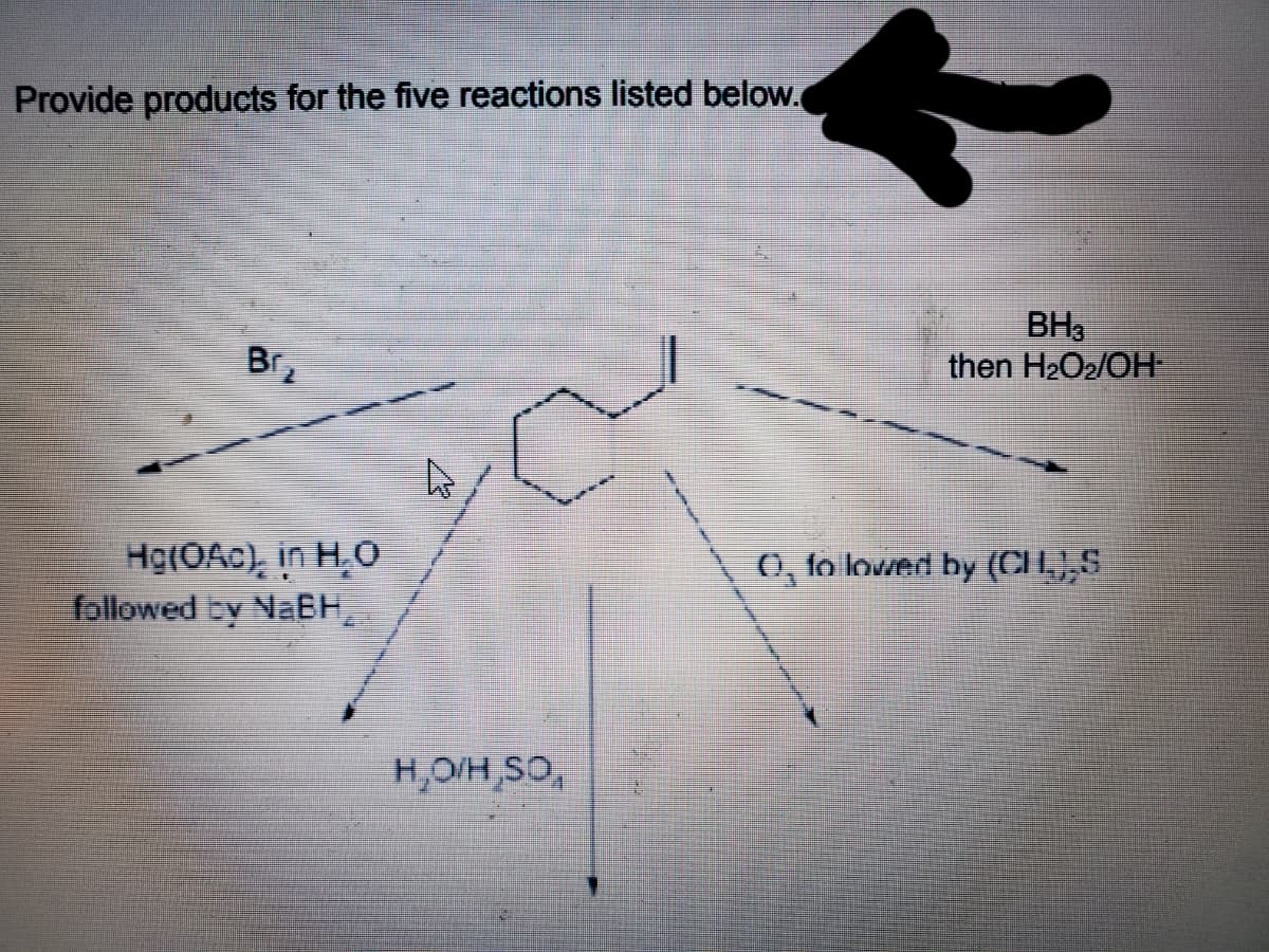 Provide products for the five reactions listed below.
Biz
Hg(0Ac), in H₂O
followed by NaBH
H₂O/H₂SO,
BH3
then H₂O₂/OH
O, fo lowed by (CH,,,S