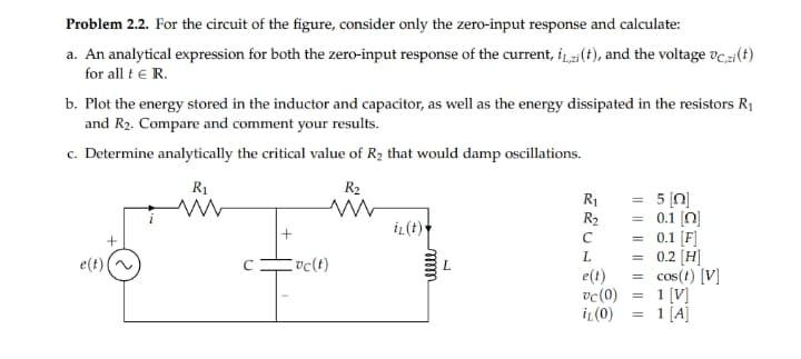 Problem 2.2. For the circuit of the figure, consider only the zero-input response and calculate:
a. An analytical expression for both the zero-input response of the current, i2;(t), and the voltage vci(t)
for all te R.
b. Plot the energy stored in the inductor and capacitor, as well as the energy dissipated in the resistors R1
and R2. Compare and comment your results.
c. Determine analytically the critical value of R2 that would damp oscillations.
R1
R2
5 [n]
0.1 (N]
= 0.1 (F]
0.2 [H]
cos(t) [V]
1 [V]
1 [A]
R1
R2
iL(t)
e(t)
vc(t)
e(t)
vc(0)
iL (0)
