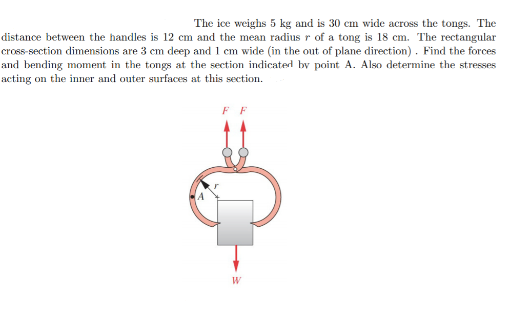 The ice weighs 5 kg and is 30 cm wide across the tongs. The
distance between the handles is 12 cm and the mean radius r of a tong is 18 cm. The rectangular
cross-section dimensions are 3 cm deep and 1 cm wide (in the out of plane direction). Find the forces
and bending moment in the tongs at the section indicated by point A. Also determine the stresses
acting on the inner and outer surfaces at this section.
F F
W
