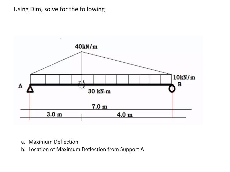 Using Dim, solve for the following
40kN/m
10kN/m
A
B
30 kN-m
7.0 m
3.0 m
4.0 m
a. Maximum Deflection
b. Location of Maximum Deflection from Support A
