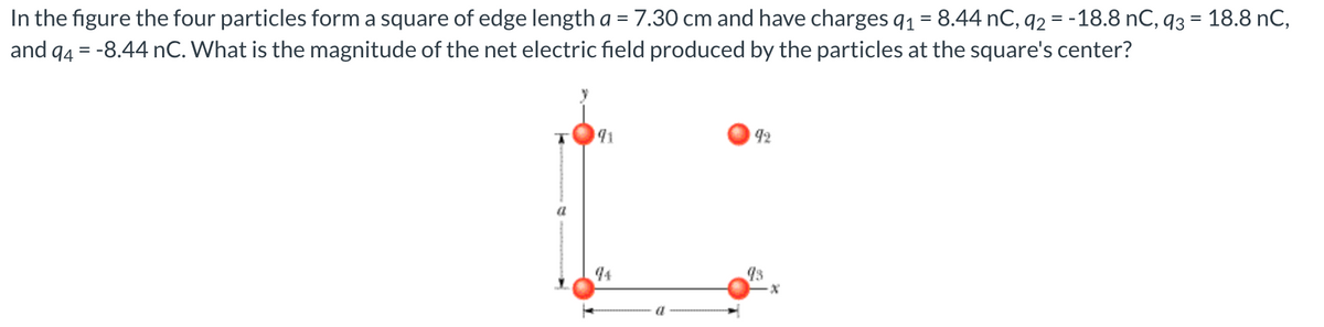 In the figure the four particles form a square of edge length a = 7.30 cm and have charges q1 = 8.44 nC, 92 = -18.8 nC, q3 = 18.8 nC,
and 94 = -8.44 nC. What is the magnitude of the net electric field produced by the particles at the square's center?
191
92
4
