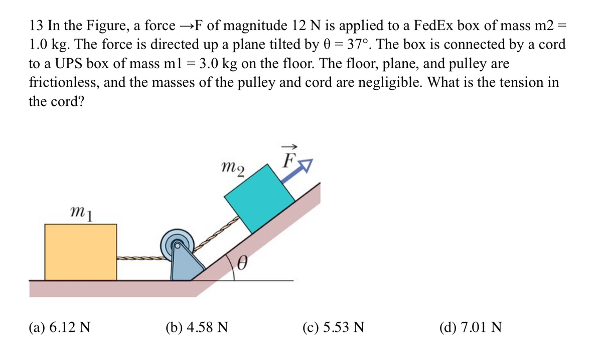 13 In the Figure, a force →F of magnitude 12 N is applied to a FedEx box of mass m2 =
%3D
1.0 kg. The force is directed up a plane tilted by 0 = 37°. The box is connected by a cord
to a UPS box of mass ml = 3.0 kg on the floor. The floor, plane, and pulley are
frictionless, and the masses of the pulley and cord are negligible. What is the tension in
the cord?
F,
M2
m1
(а) 6.12 N
(b) 4.58 N
(с) 5.53 N
(d) 7.01 N
