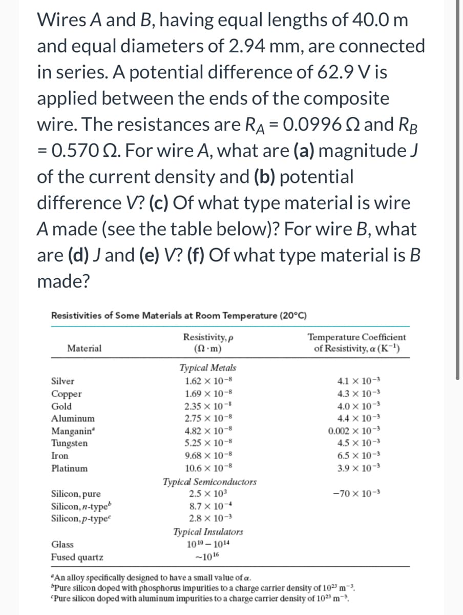 Wires A and B, having equal lengths of 40.0 m
and equal diameters of 2.94 mm, are connected
in series. A potential difference of 62.9 V is
applied between the ends of the composite
wire. The resistances are RA = 0.0996 Q and RB
= 0.570 2. For wire A, what are (a) magnitude J
of the current density and (b) potential
difference V? (c) Of what type material is wire
A made (see the table below)? For wire B, what
are (d) J and (e) V? (f) Of what type material is B
made?
Resistivities of Some Materials at Room Temperature (20°C)
Resistivity, p
(N m)
Temperature Coefficient
of Resistivity, a (K¯')
Material
Typical Metals
4.1 x 10-3
4.3 x 10-3
Silver
1.62 x 10-8
Copper
1.69 × 10-8
4.0 x 10-3
4.4 x 10-3
Gold
2.35 x 10-8
Aluminum
2.75 x 10-8
Manganin"
Tungsten
Iron
4.82 x 10-8
0.002 x 10-3
5.25 x 10-8
4.5 x 10-3
6.5 x 10-3
3.9 × 10-3
9.68 x 10-8
Platinum
10.6 x 10-8
Typical Semiconductors
2.5 x 103
Silicon, pure
Silicon, n-type
Silicon, p-type
-70 x 10-3
8.7 x 10-4
2.8 x 10-3
Typical Insulators
1010 – 1014
Glass
Fused quartz
-1016
"An alloy specifically designed to have a small value of a.
*Pure silicon doped with phosphorus impurities to a charge carrier density of 1023 m-3.
"Pure silicon doped with aluminum impurities to a charge carrier density of 1023 m-.
