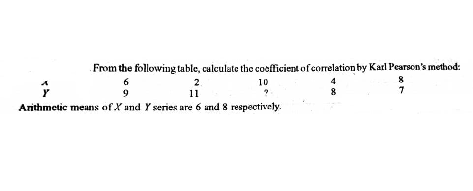 From the following table, calculate the coefficient of correlation by Karl Pearson's method:
8.
7
10
4
Y
11
8
Arithmetic means of X and Y series are 6 and 8 respectively.
