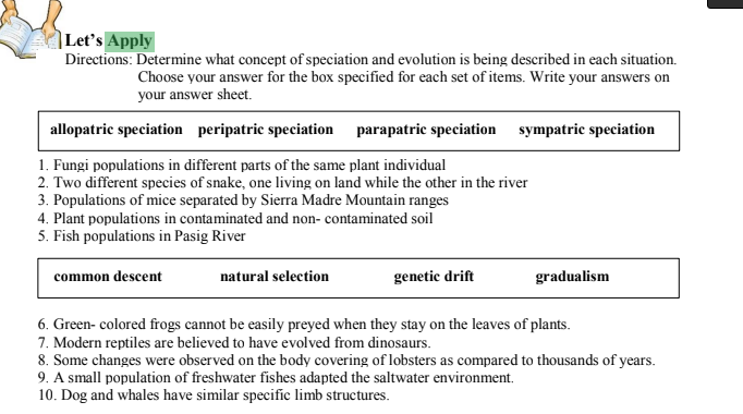 Let's Apply
Directions: Determine what concept of speciation and evolution is being described in each situation.
Choose your answer for the box specified for each set of items. Write your answers on
your answer sheet.
allopatric speciation peripatric speciation
parapatric speciation sympatric speciation
1. Fungi populations in different parts of the same plant individual
2. Two different species of snake, one living on land while the other in the river
3. Populations of mice separated by Sierra Madre Mountain ranges
4. Plant populations in contaminated and non- contaminated soil
5. Fish populations in Pasig River
common descent
natural selection
genetic drift
gradualism
6. Green- colored frogs cannot be easily preyed when they stay on the leaves of plants.
7. Modern reptiles are believed to have evolved from dinosaurs.
8. Some changes were observed on the body covering of lobsters as compared to thousands of years.
9. A small population of freshwater fishes adapted the saltwater environment.
10. Dog and whales have similar specific limb structures.
