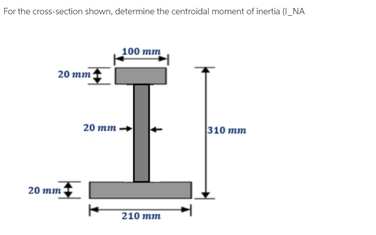 For the cross-section shown, determine the centroidal moment of inertia (I_NA
100 mm
20 mm
20 mm
310 mm
>
20 mm
210 тm
