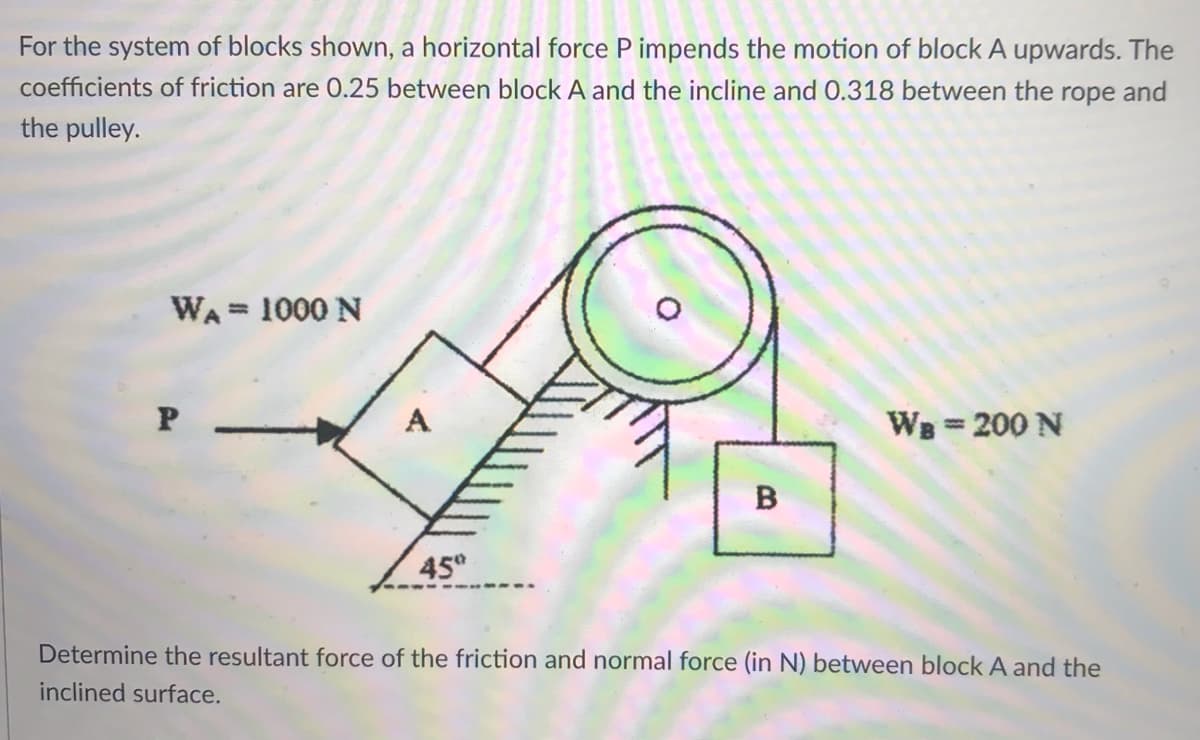 For the system of blocks shown, a horizontal force P impends the motion of block A upwards. The
coefficients of friction are 0.25 between block A and the incline and 0.318 between the rope and
the pulley.
WA = 1000 N
%3D
WB=200 N
45°
Determine the resultant force of the friction and normal force (in N) between block A and the
inclined surface.
